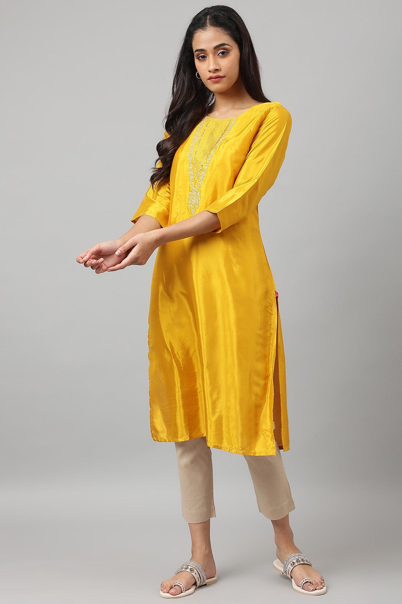 Yellow Embroidered Festive kurta - wforwoman