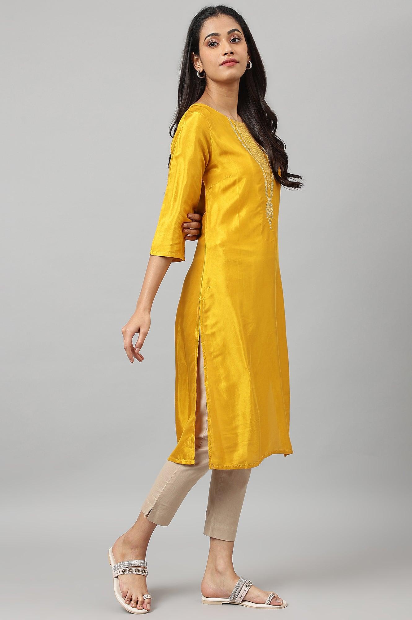 Yellow Embroidered Festive kurta - wforwoman