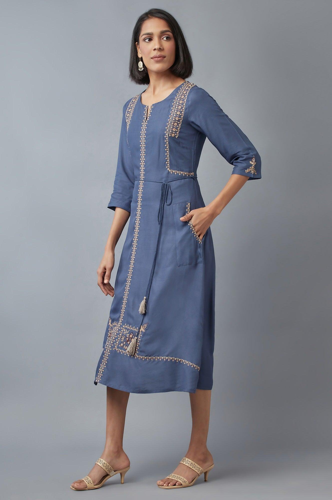 Steel Blue Embroidered Dress - wforwoman