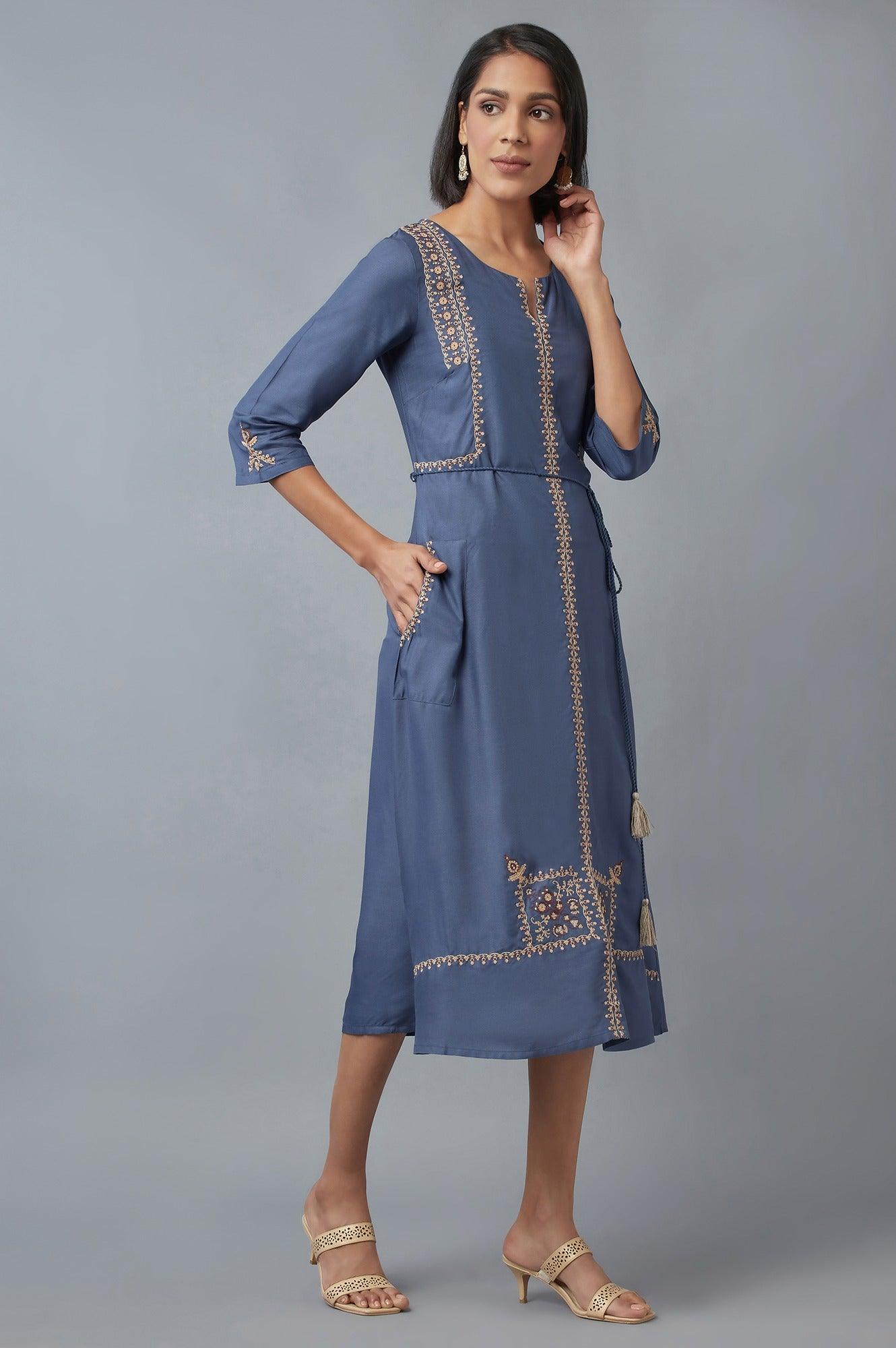 Steel Blue Embroidered Dress - wforwoman