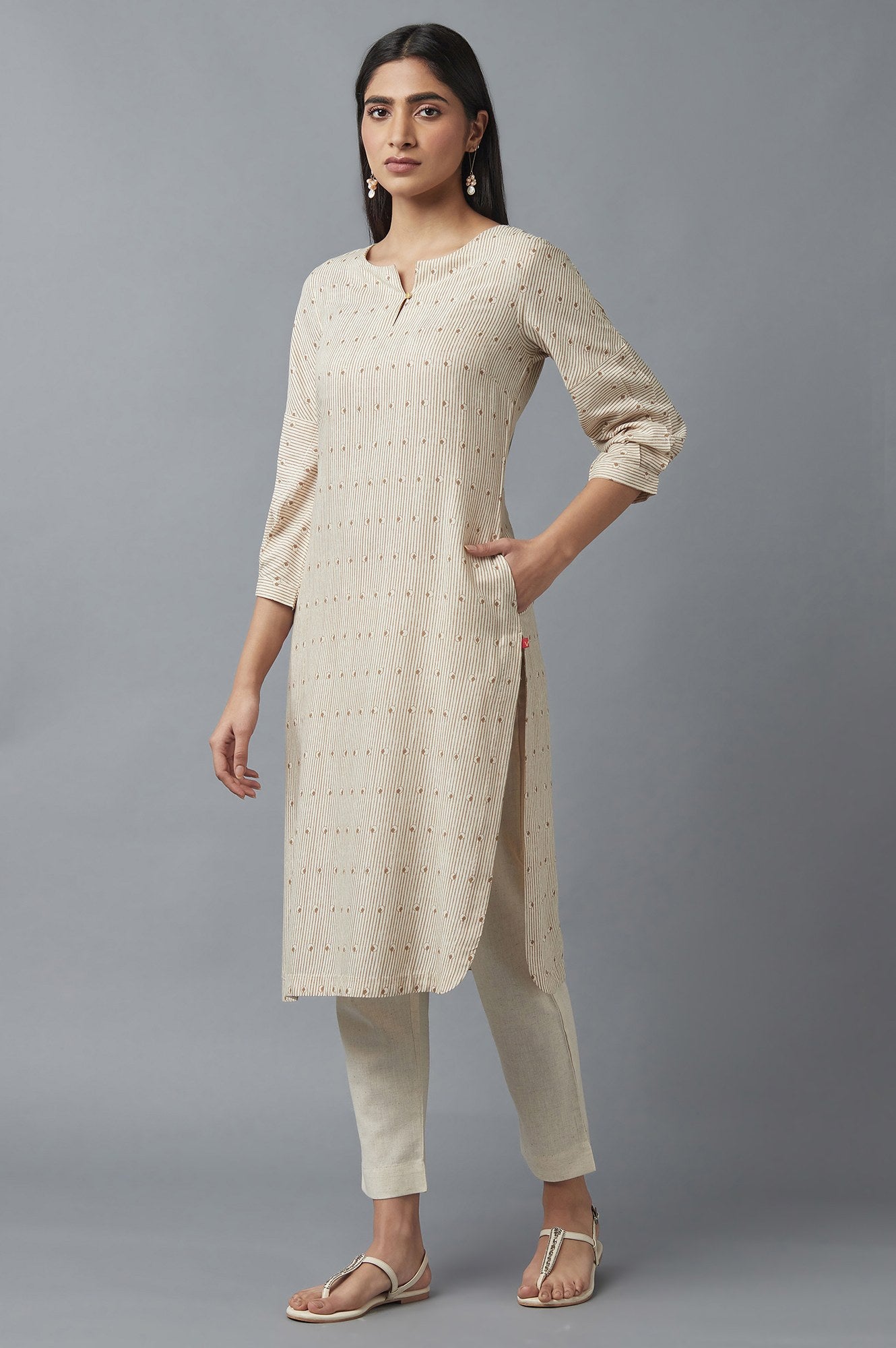 Beige Stripe Print Kurta