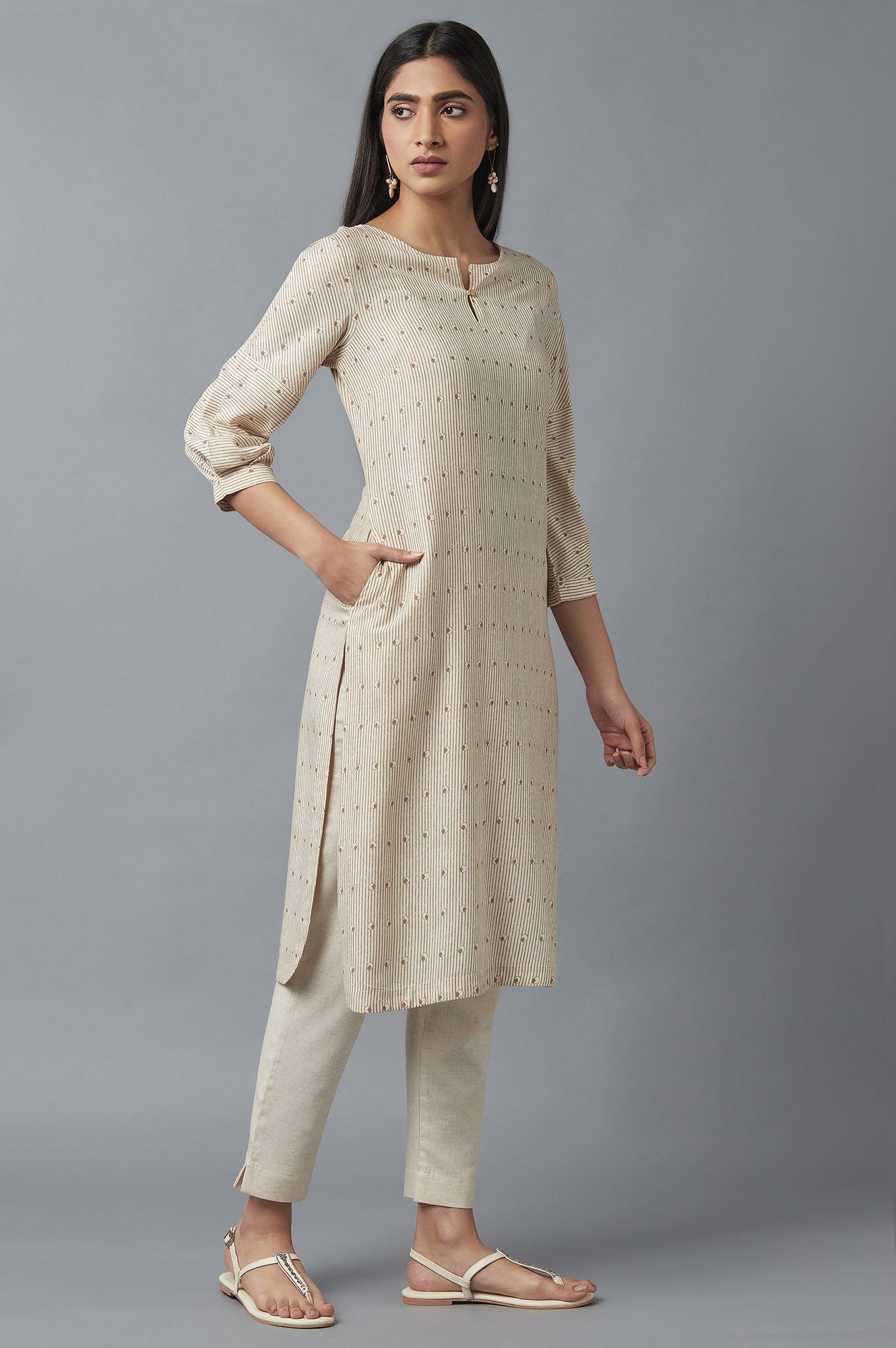 Beige Stripe Print Kurta