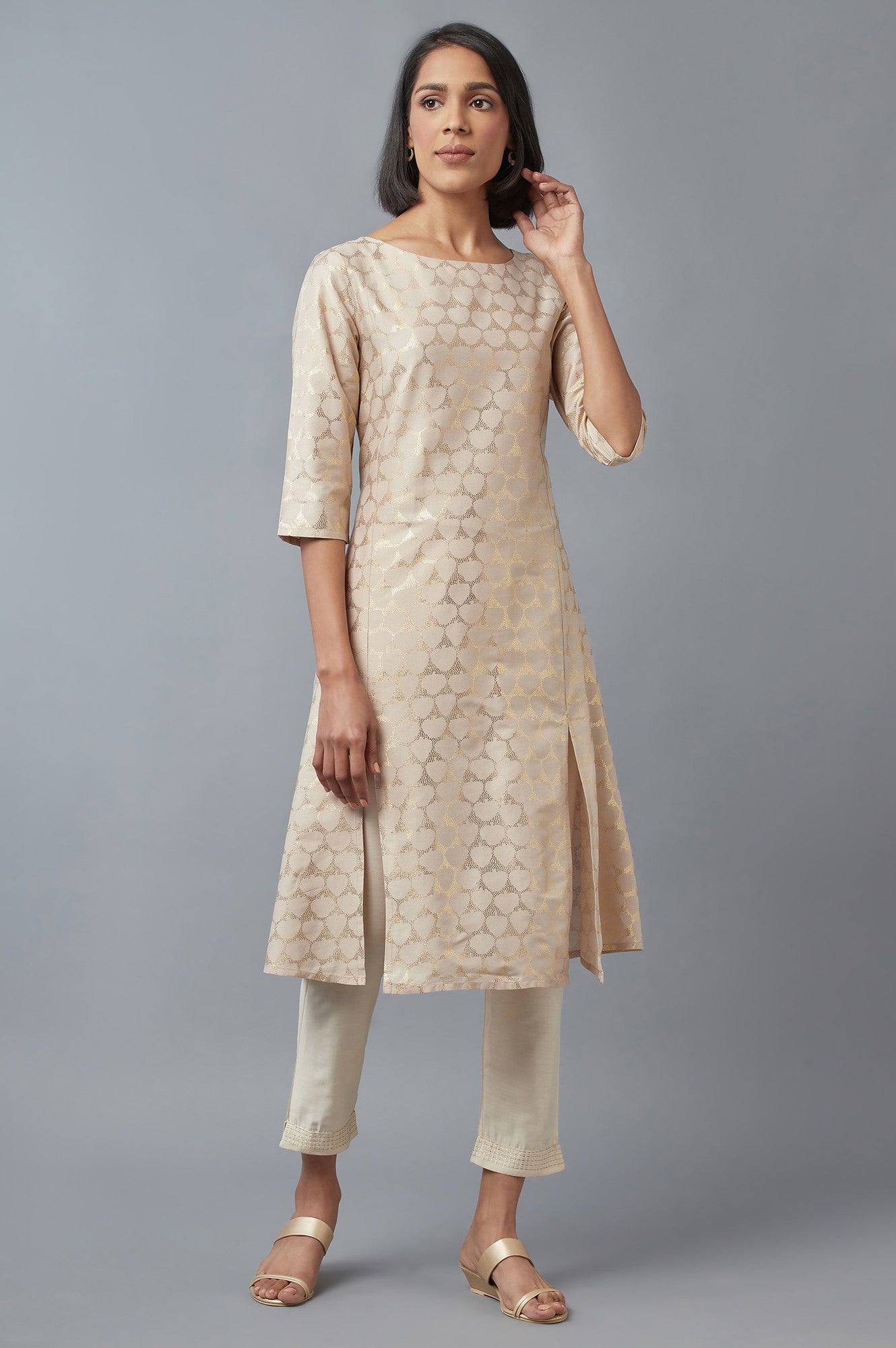 Beige Printed A-line kurta