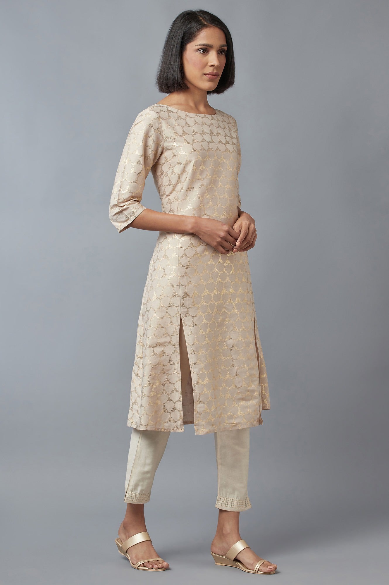 Beige Printed A-line kurta