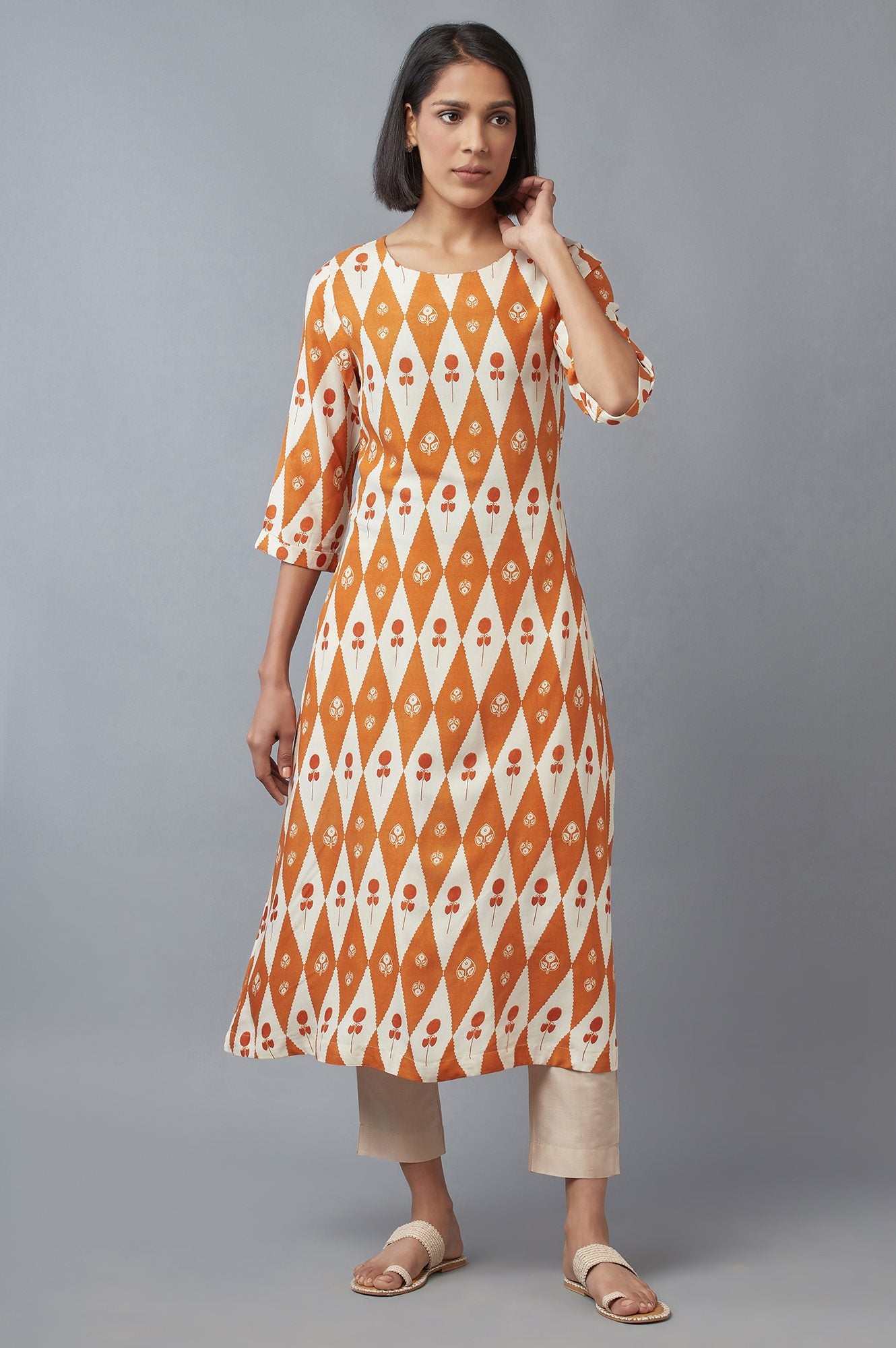 Orange Rust and Ecru Printed A-line kurta