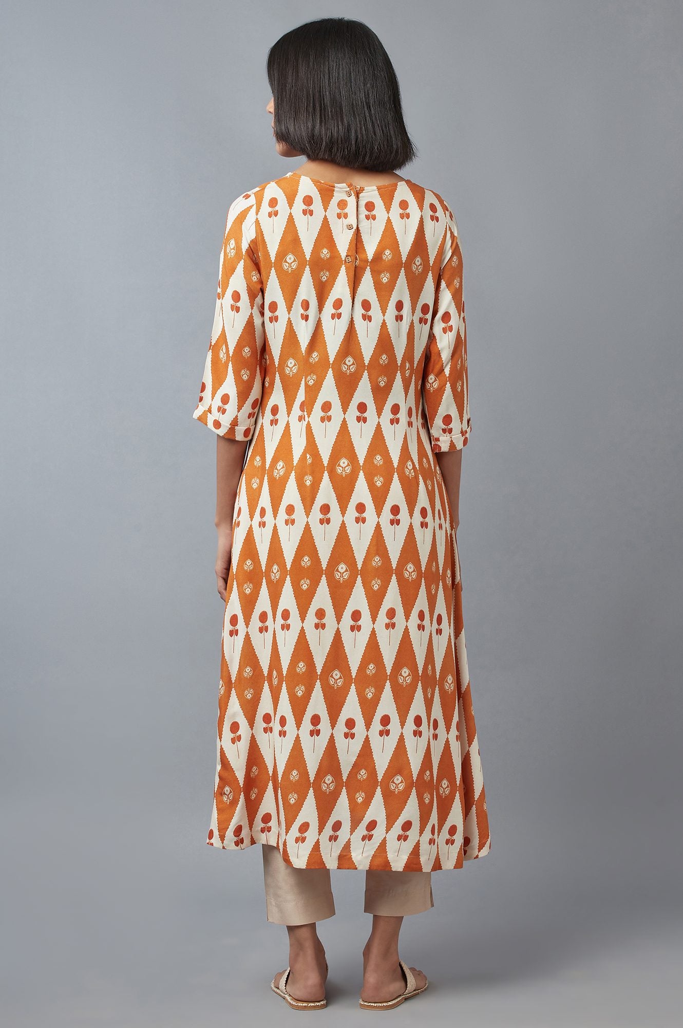 Orange Rust and Ecru Printed A-line kurta