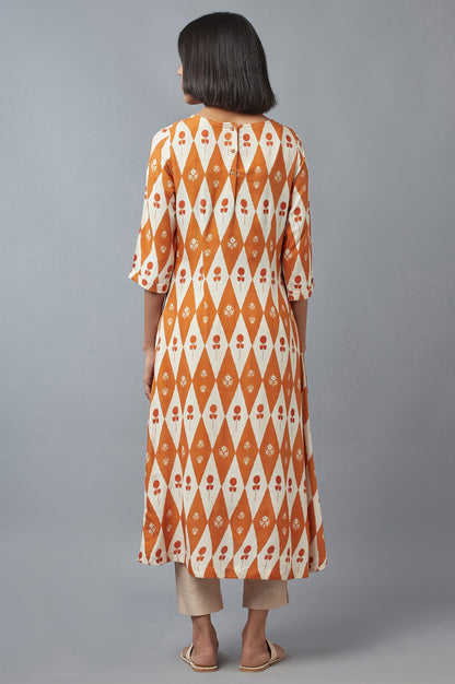 Orange Rust and Ecru Printed A-line kurta