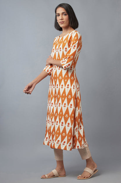 Orange Rust and Ecru Printed A-line kurta