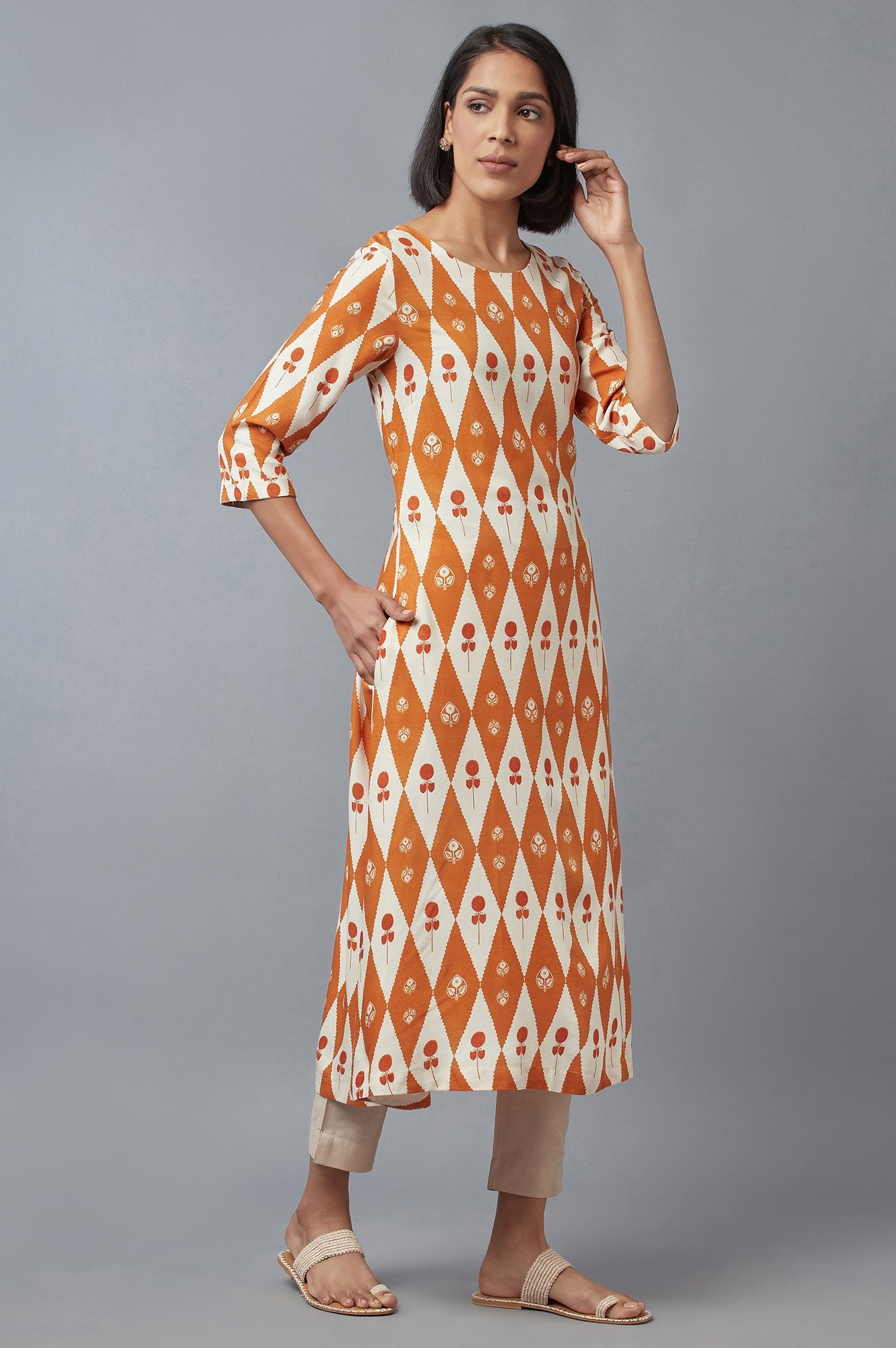 Orange Rust and Ecru Printed A-line kurta