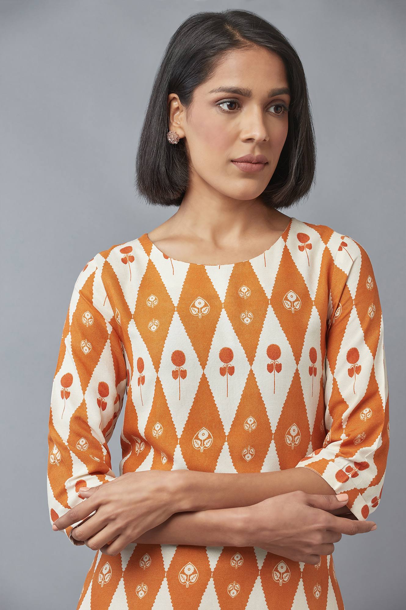 Orange Rust and Ecru Printed A-line kurta