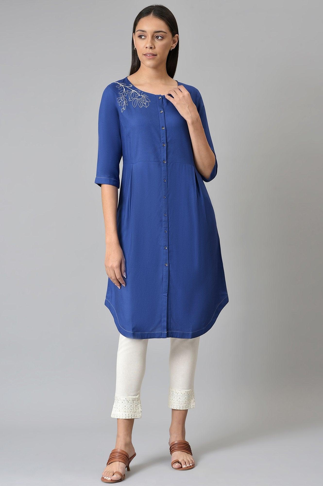 Blue Button Down kurta With Embroidery - wforwoman