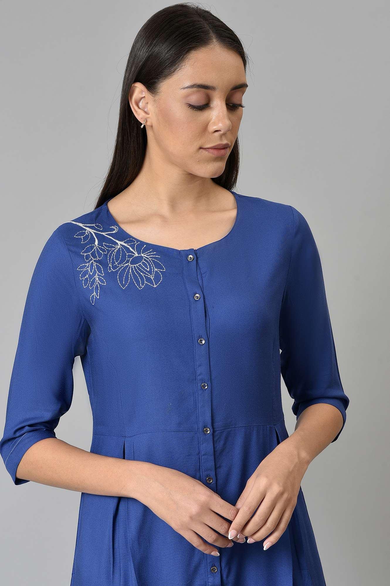 Blue Button Down kurta With Embroidery - wforwoman