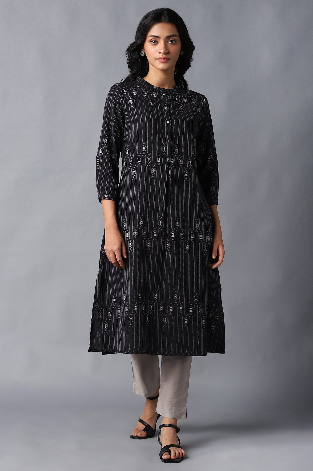 Jet Black Button Down Kurta - wforwoman