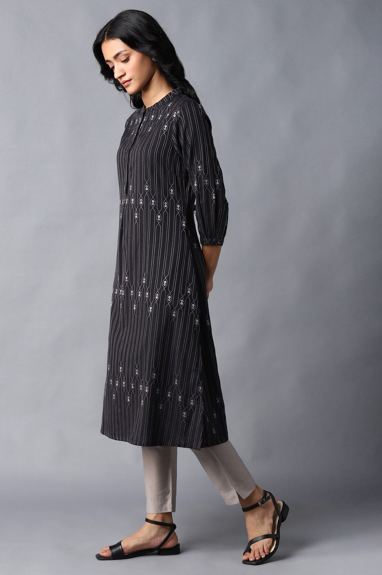 Jet Black Button Down Kurta - wforwoman