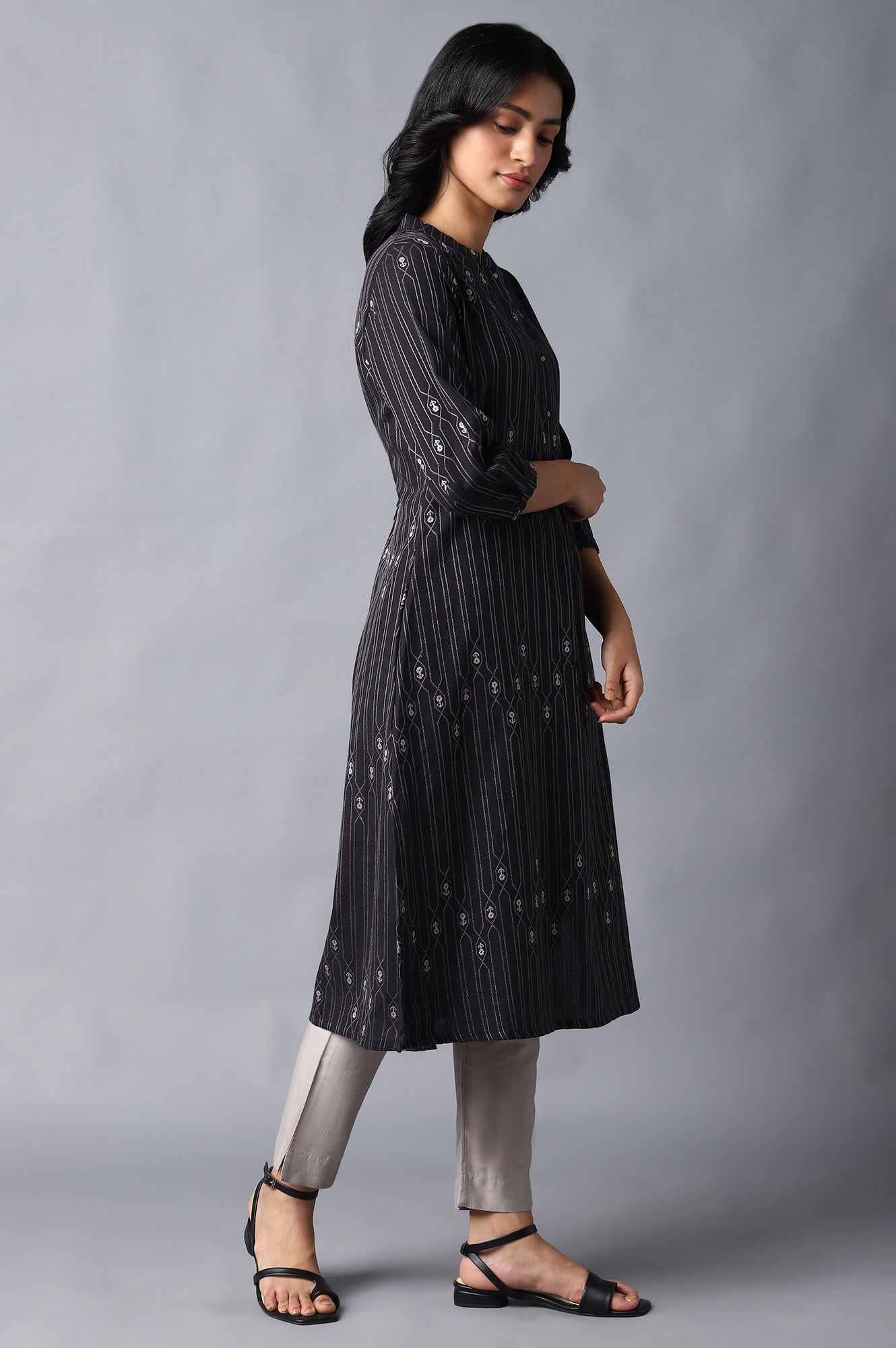 Jet Black Button Down Kurta - wforwoman