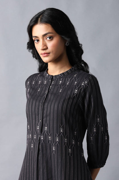 Jet Black Button Down Kurta - wforwoman