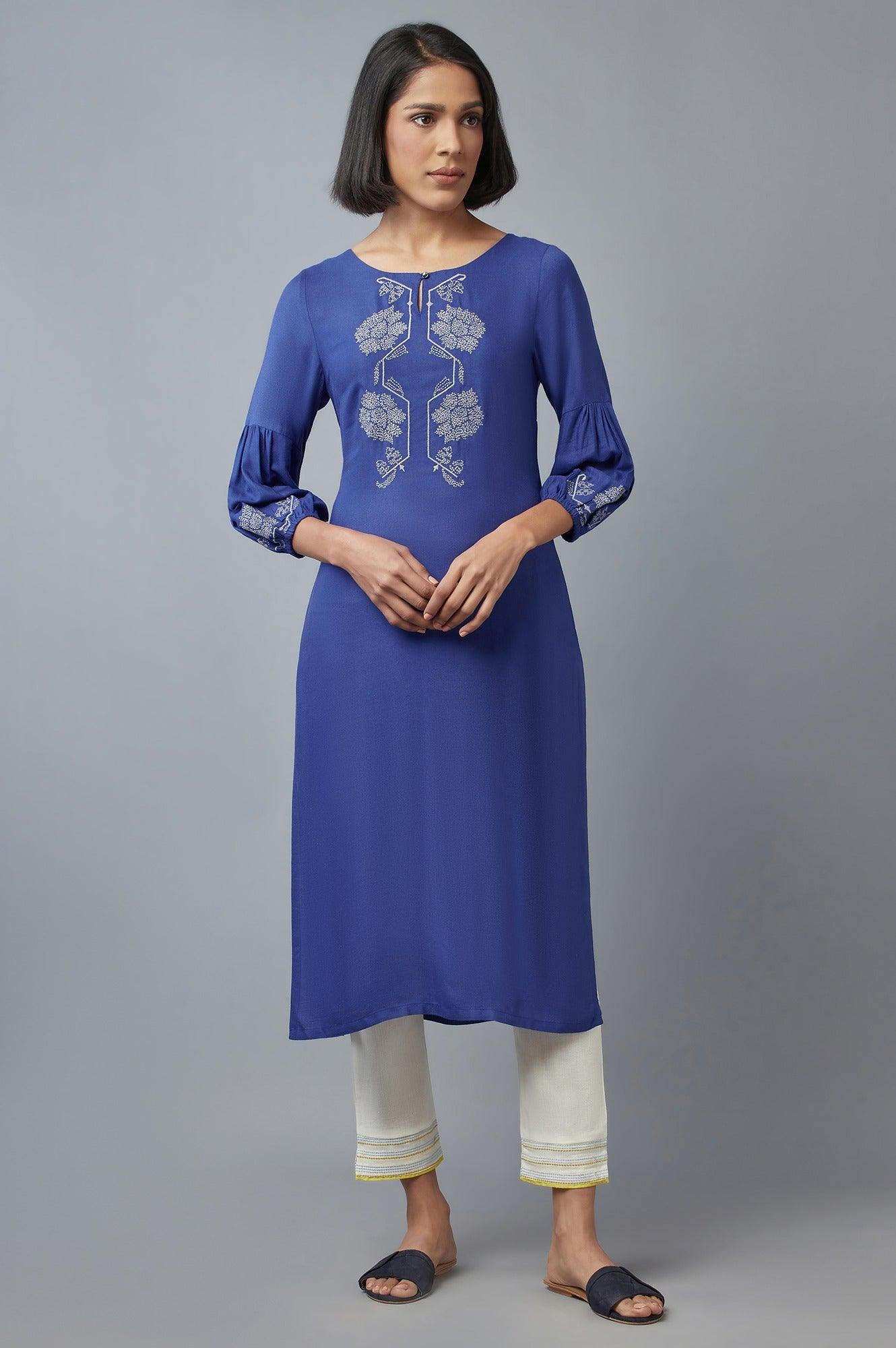 Cobalt Blue Embroidered kurta - wforwoman