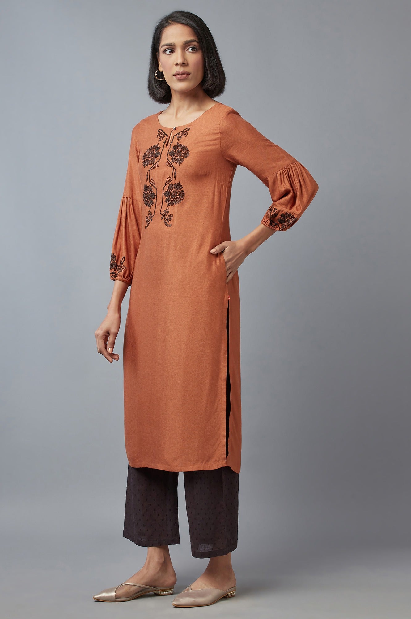 Rust Brown Embroidered kurta