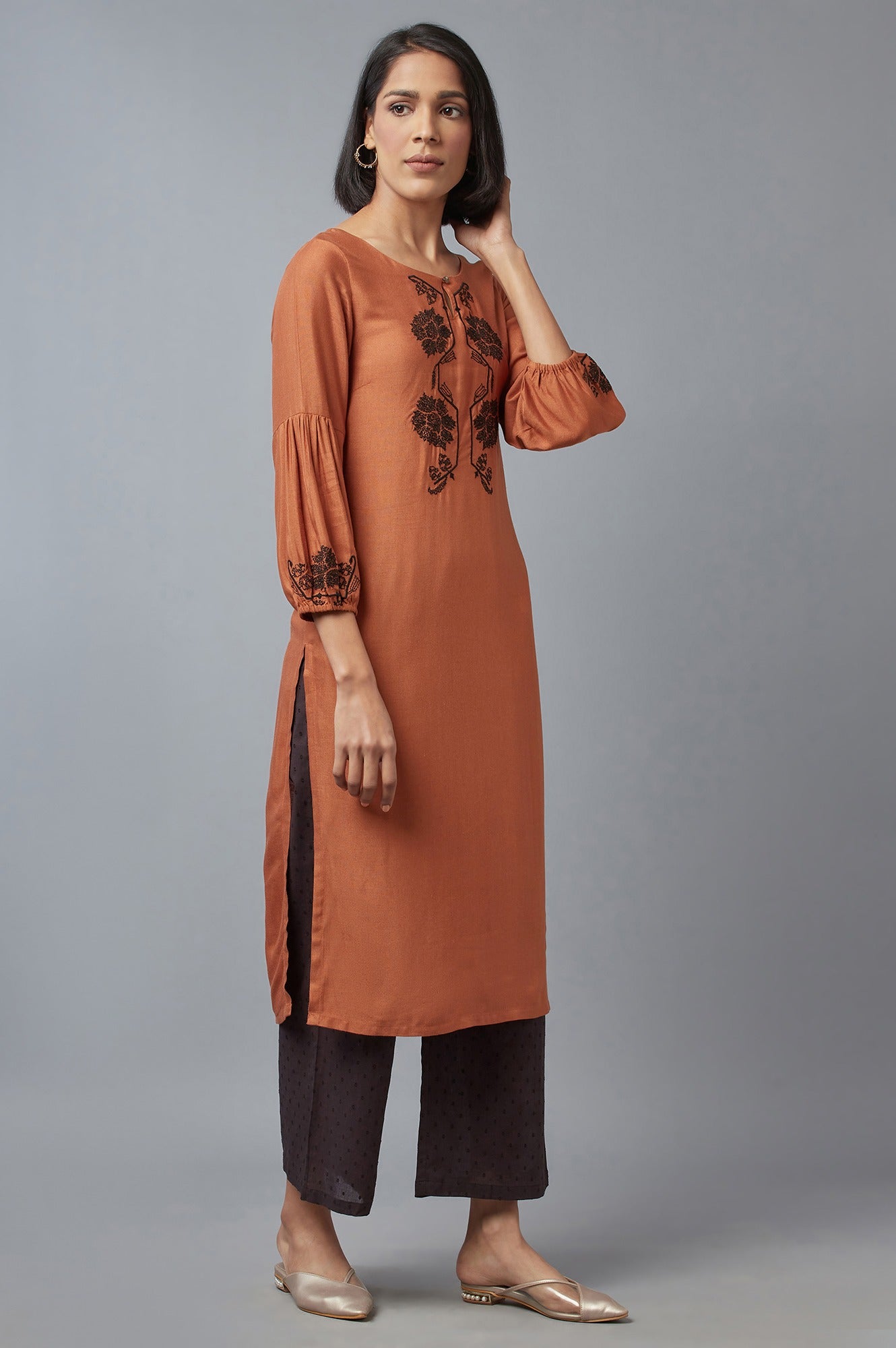 Rust Brown Embroidered kurta