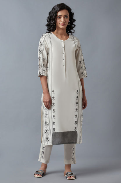 Ecru Printed Straight kurta