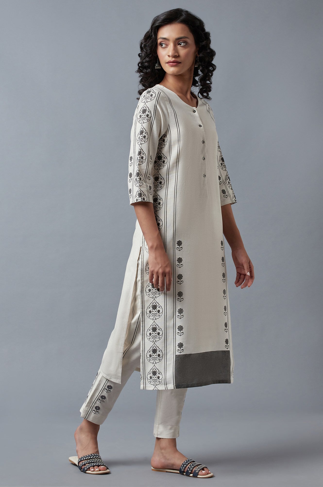 Ecru Printed Straight kurta