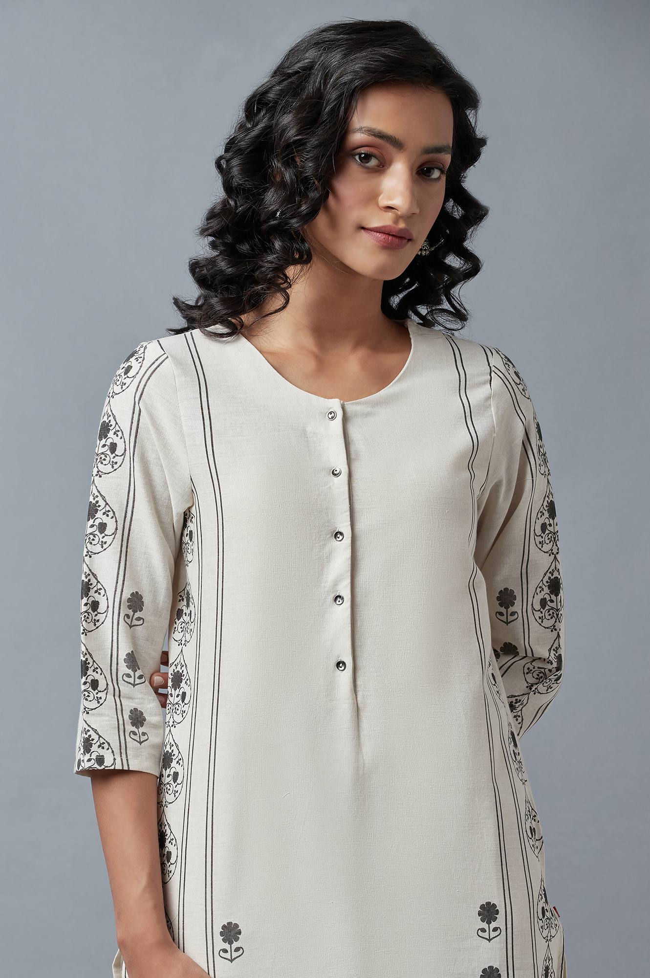 Ecru Printed Straight kurta