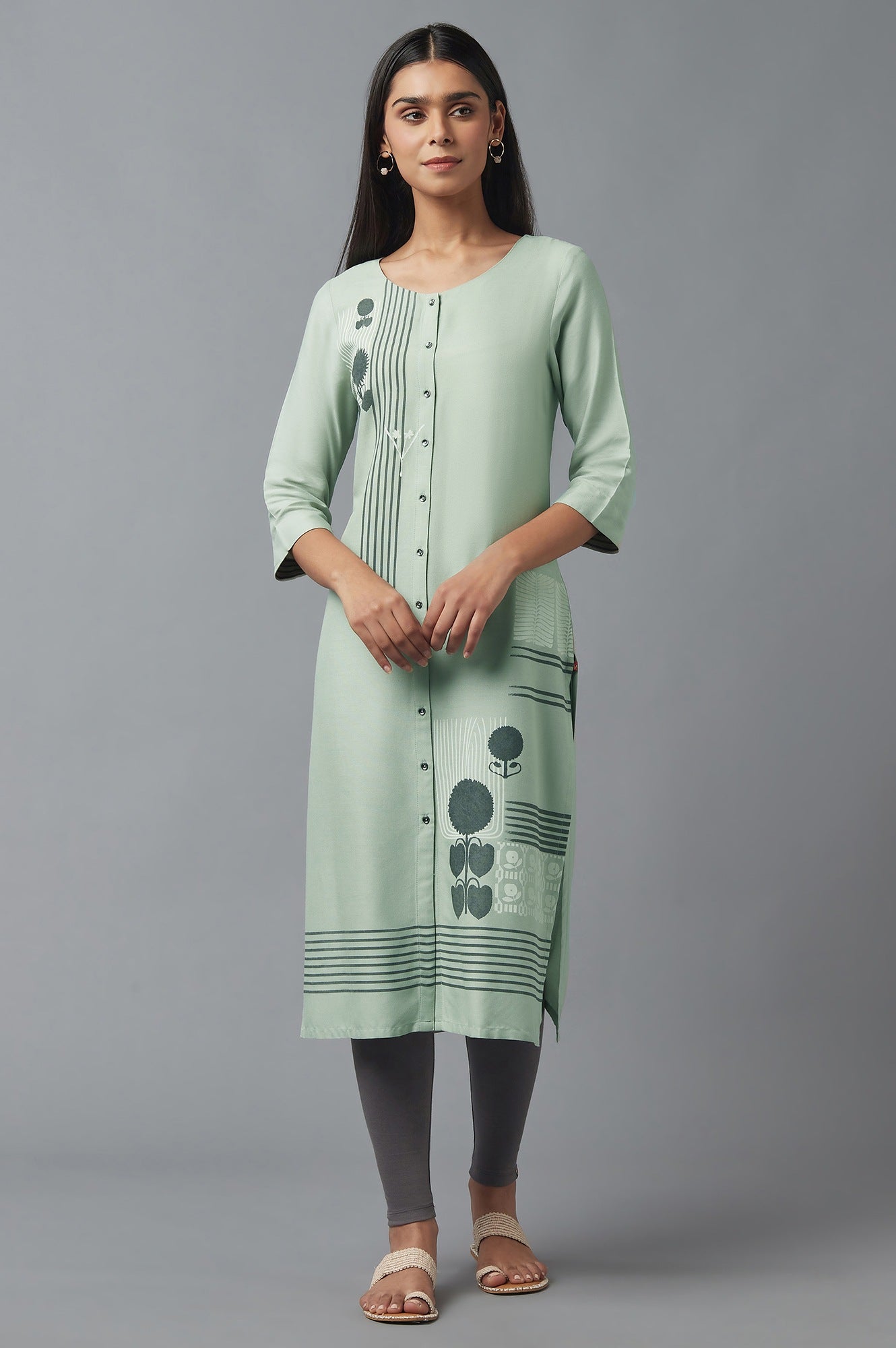 Green Button Down Printed kurta