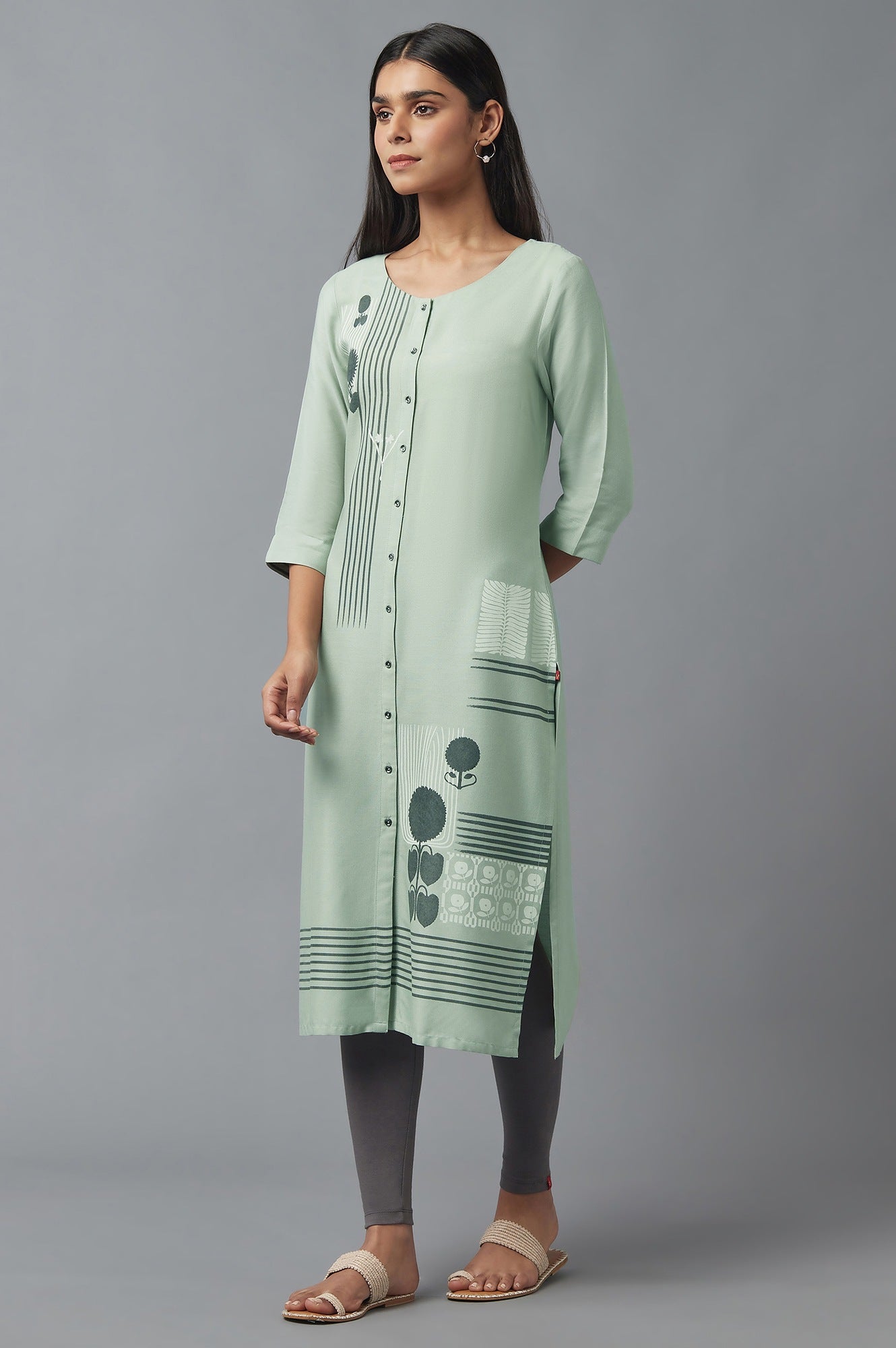 Green Button Down Printed kurta