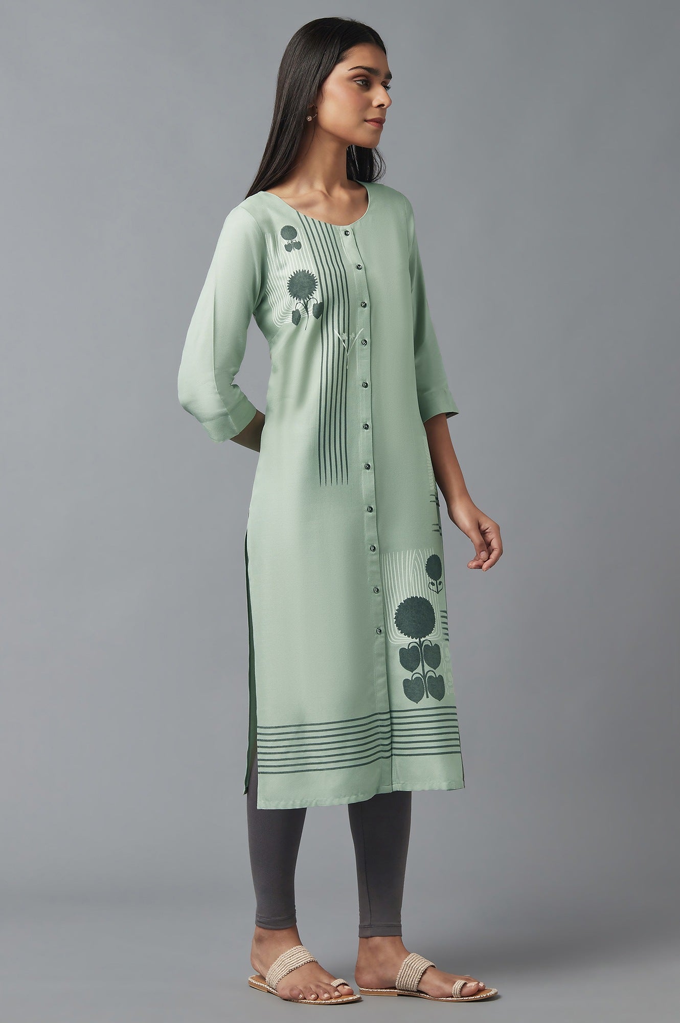 Green Button Down Printed kurta