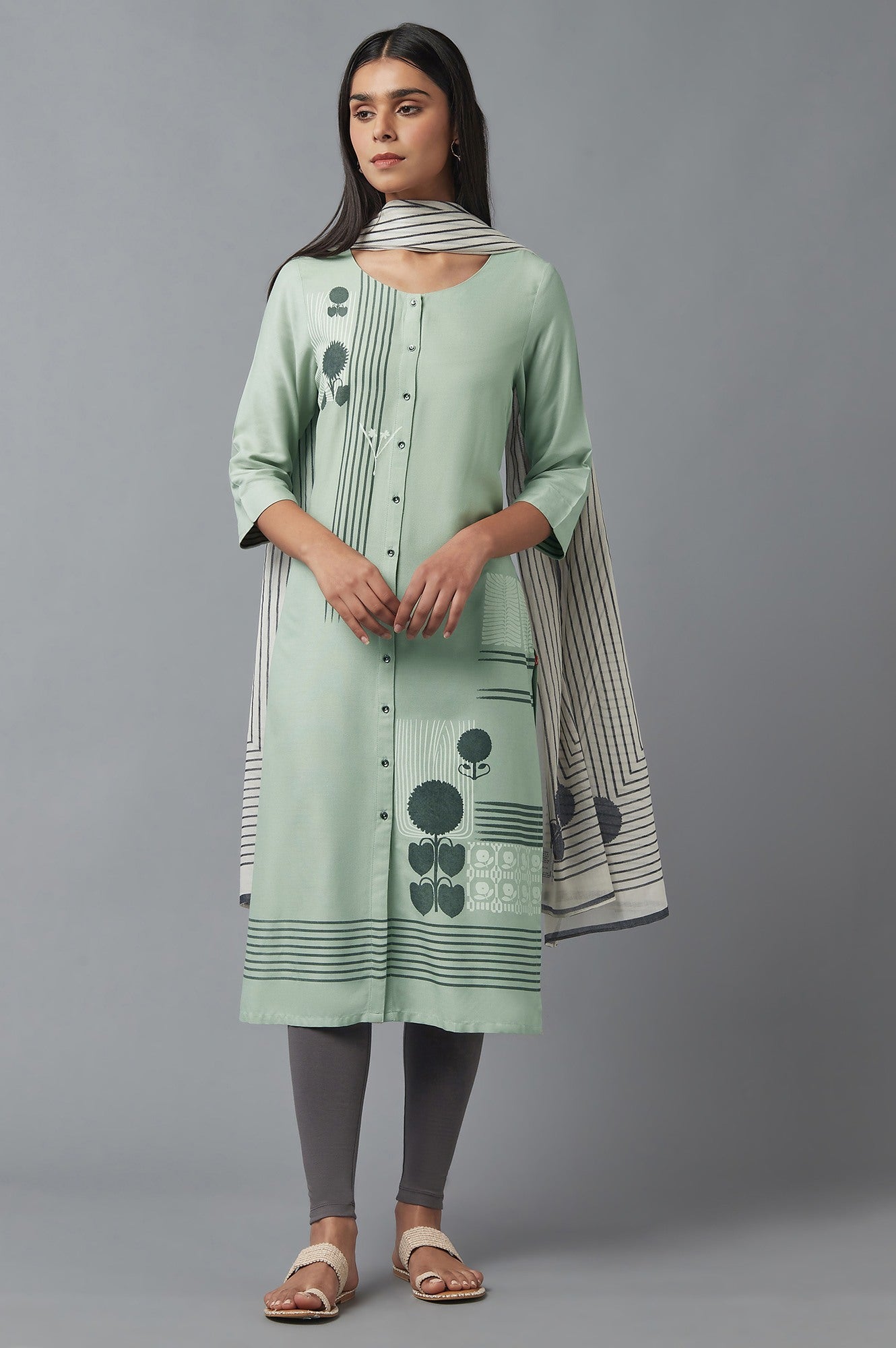 Green Button Down Printed kurta