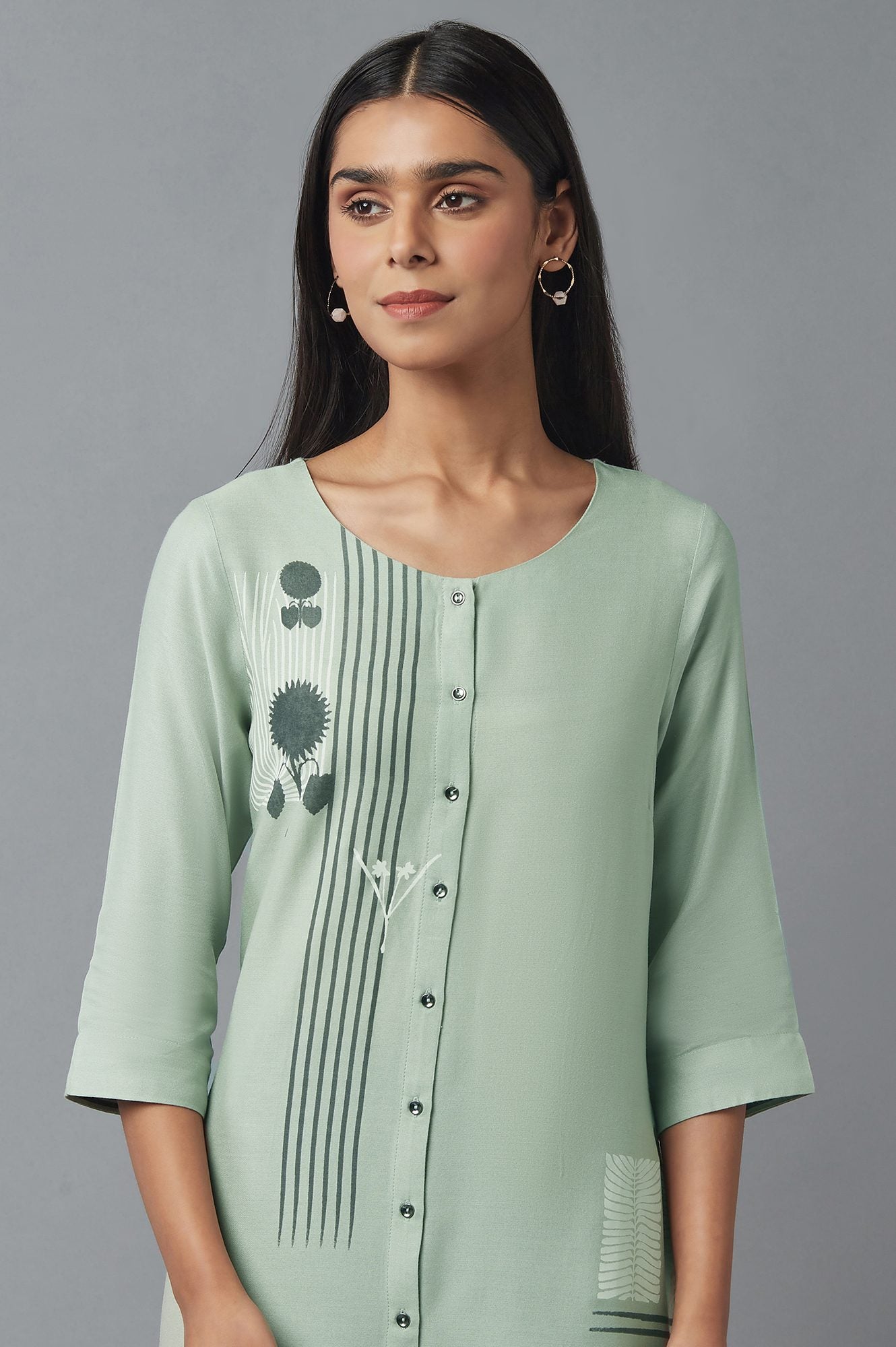 Green Button Down Printed kurta