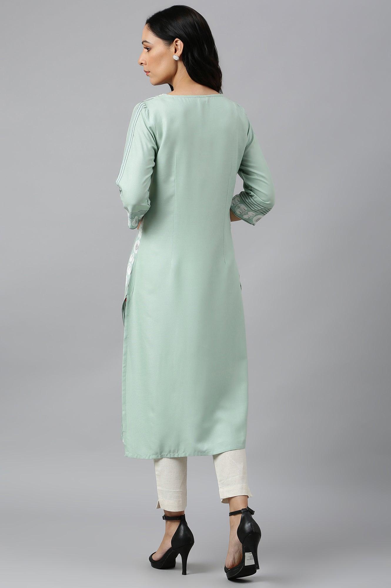 Green Printed kurta With Embroidery - wforwoman