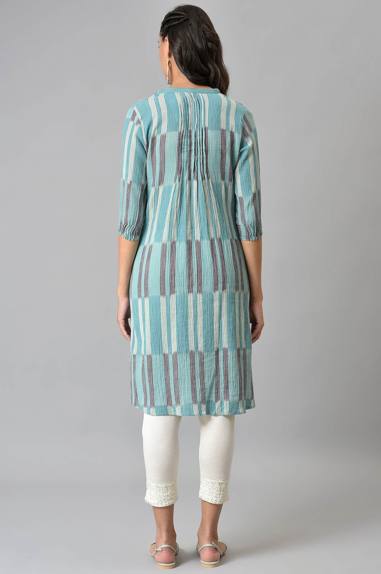 Blue Ikkat Cotton kurta In V-Neck