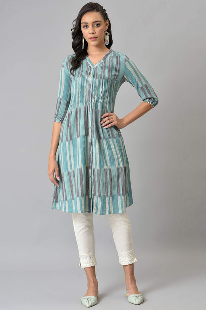 Blue Ikkat Cotton kurta In V-Neck