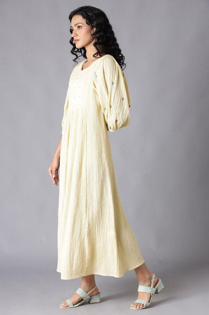Ecru Flared Cotton Dress With Gathered Sleeves - wforwoman