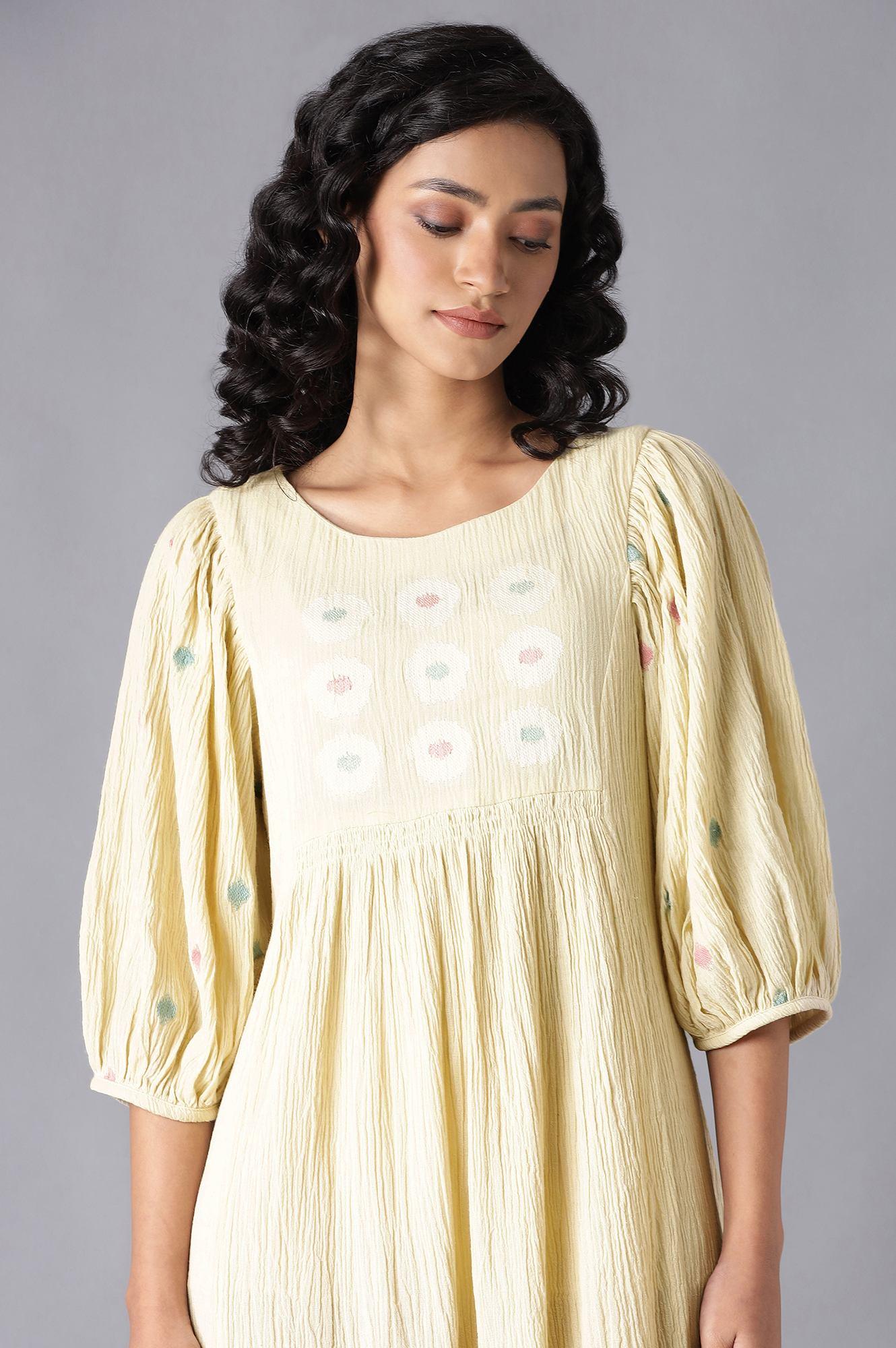 Ecru Flared Cotton Dress With Gathered Sleeves - wforwoman