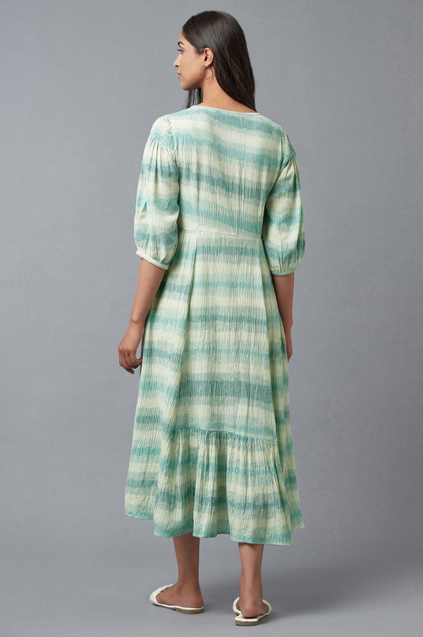 Ecru Gathered Ikat Print Dress In V-Neck