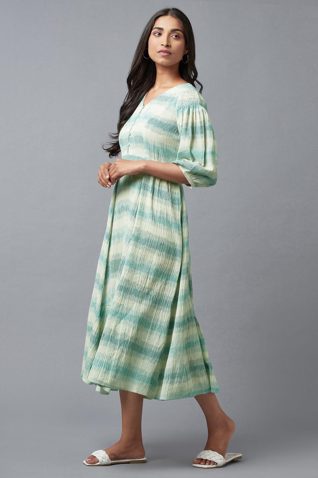Ecru Gathered Ikat Print Dress In V-Neck - wforwoman