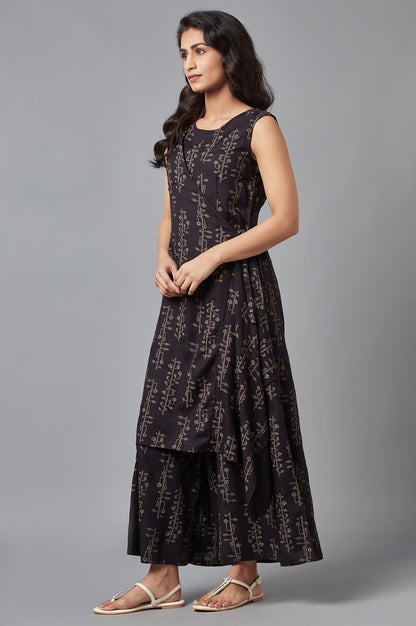 Black Floral Print Angrakha Jumpsuit in Round Neck