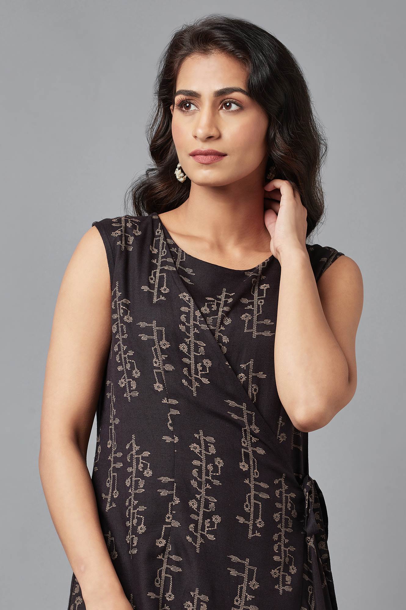 Black Floral Print Angrakha Jumpsuit in Round Neck