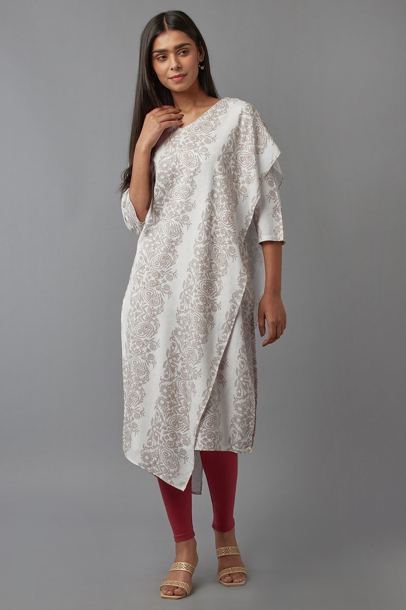 Ecru Saree draped kurta in V-neck