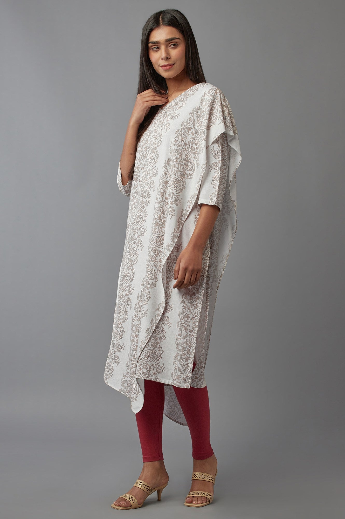 Ecru Saree draped kurta in V-neck