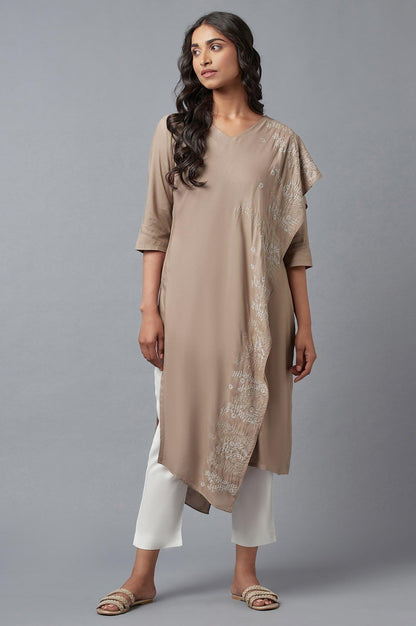 Beige Saree draped kurta In V-Neck With Thread Embroidery - wforwoman