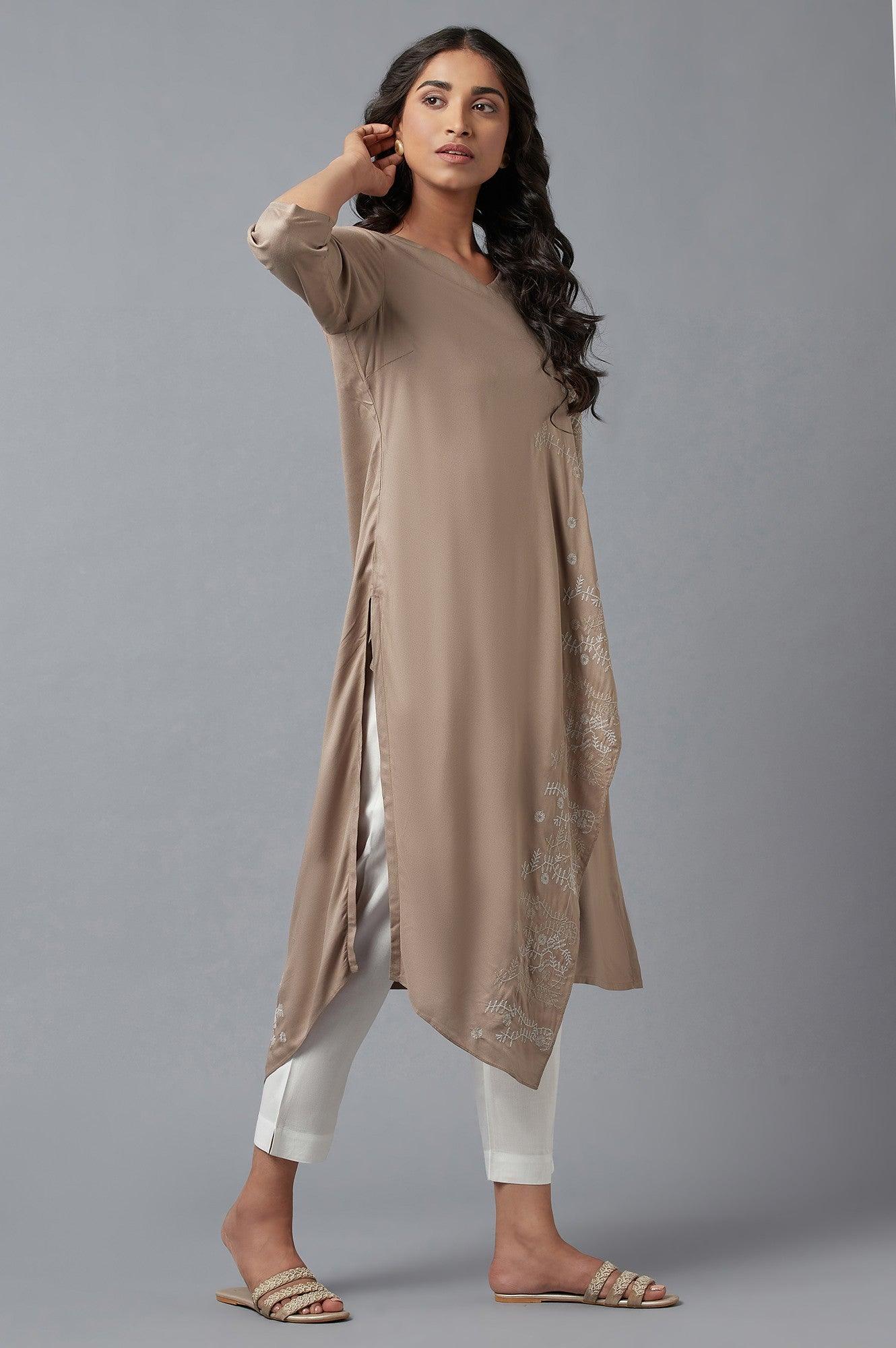 Beige Saree draped kurta In V-Neck With Thread Embroidery - wforwoman