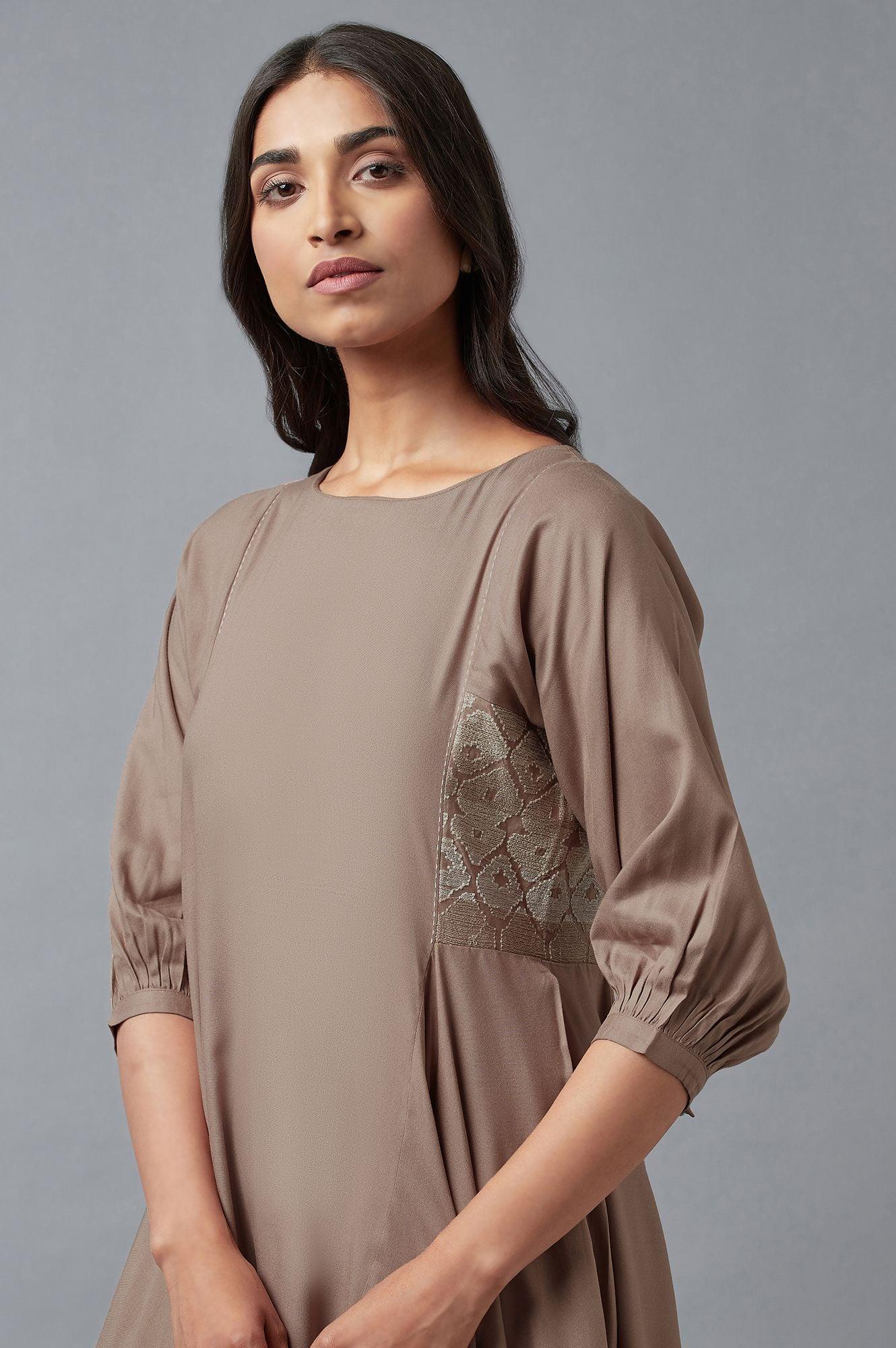 Beige Rayon kurta In Boat Neck With Embroidered Panel - wforwoman