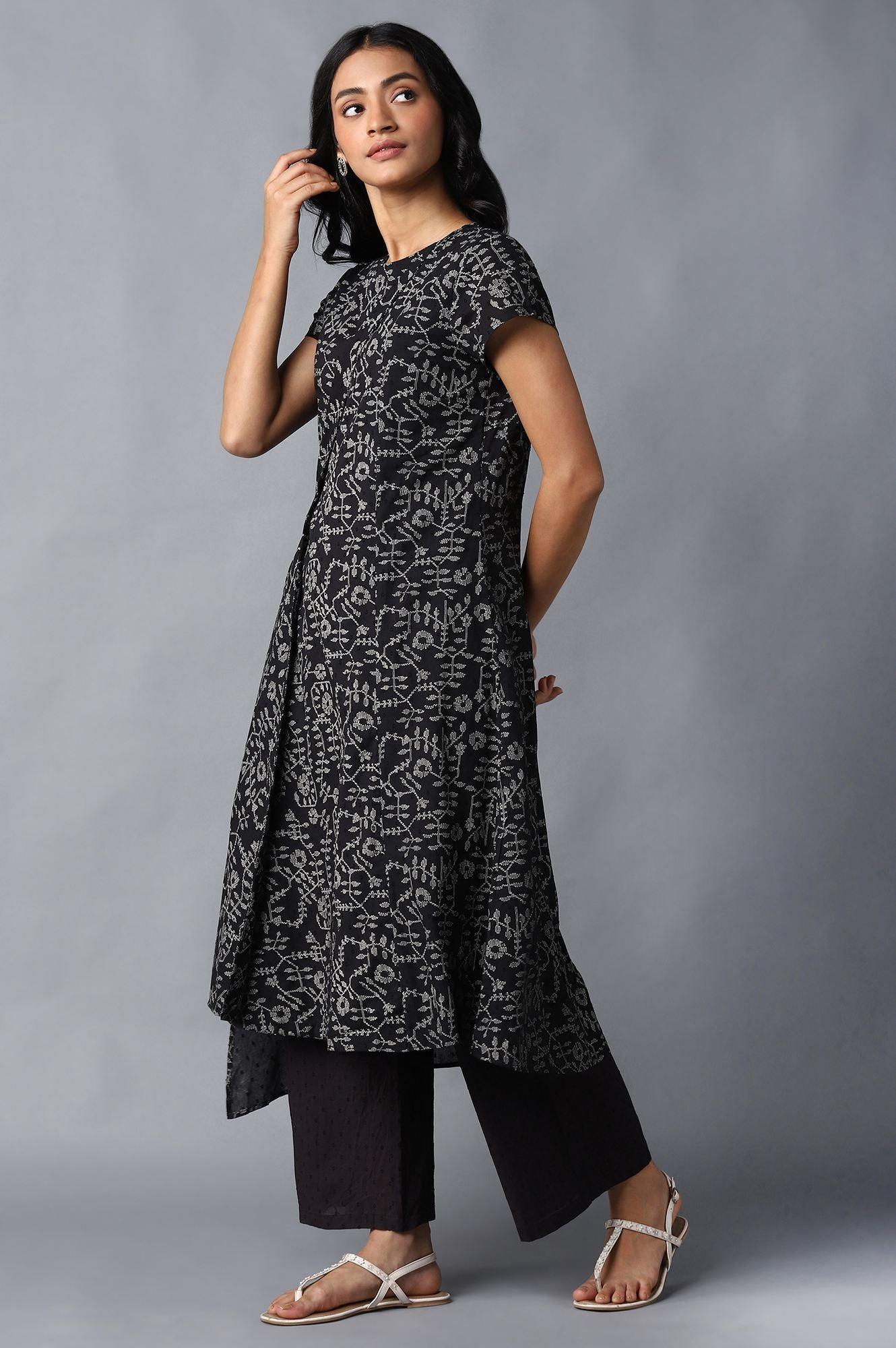 Black Angrakha Cotton kurta In Round Neck - wforwoman