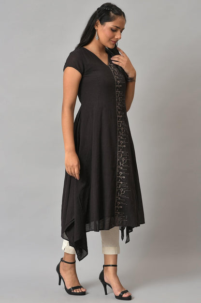 Dark Brown Handkerchief Hemline kurta With Thread Embroidery - wforwoman