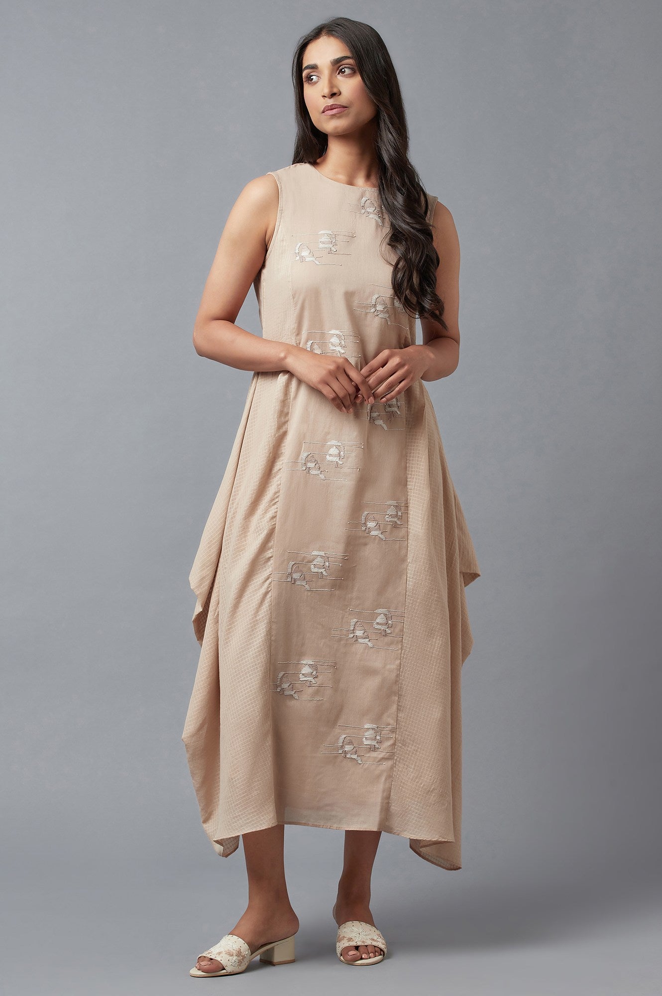 Beige Embroidered Cowl Dress In Round Neck