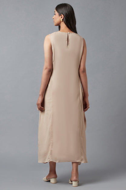 Beige Embroidered Cowl Dress In Round Neck