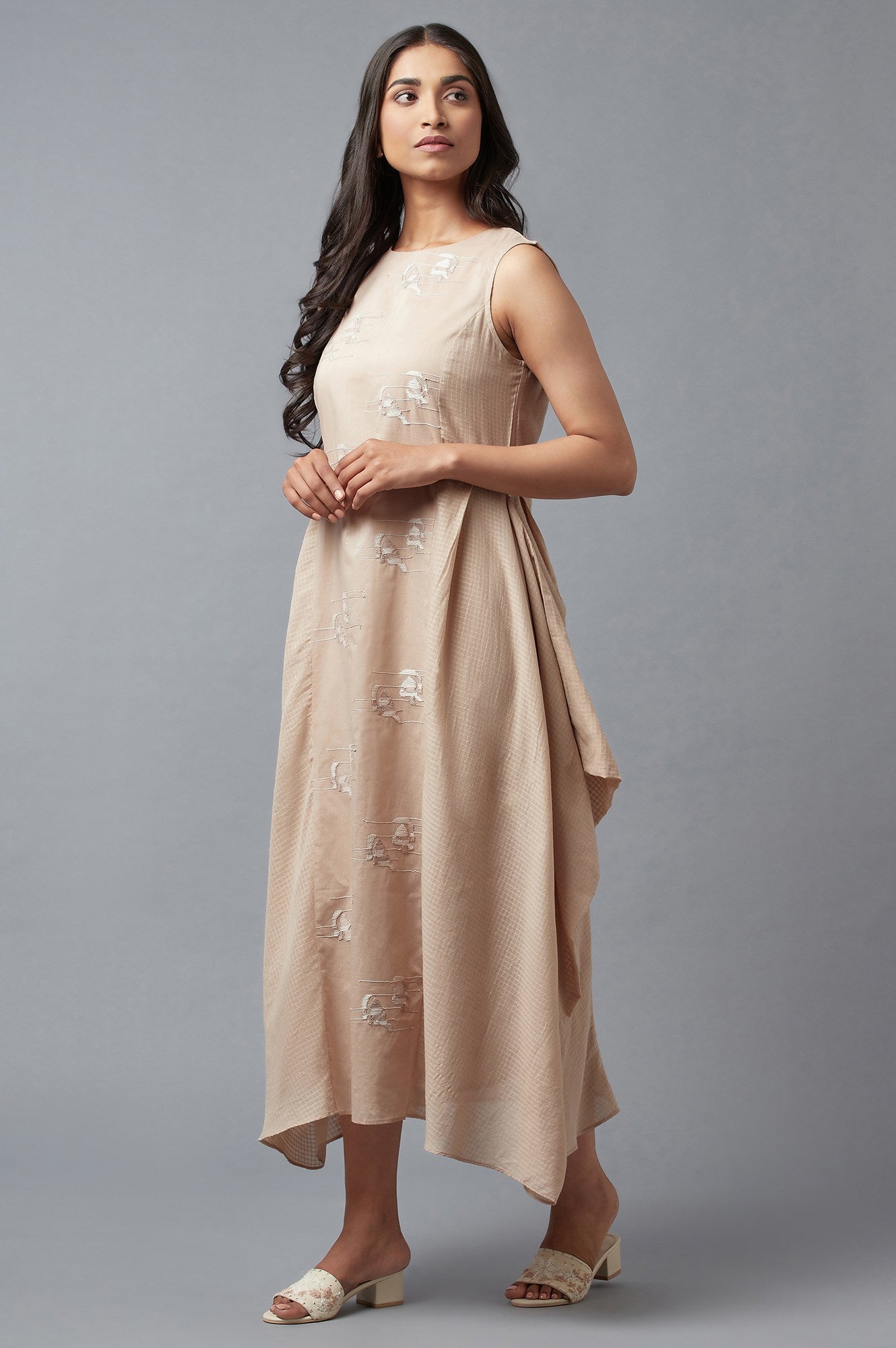 Beige Embroidered Cowl Dress In Round Neck